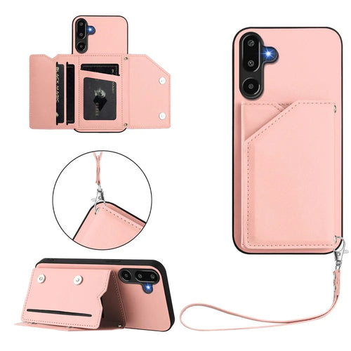 For Samsung Galaxy F16 5G / Galaxy M16 5G Case Card Holder Kickstand Skin-Touch Phone Cover with Wrist Strap - Pink - 1