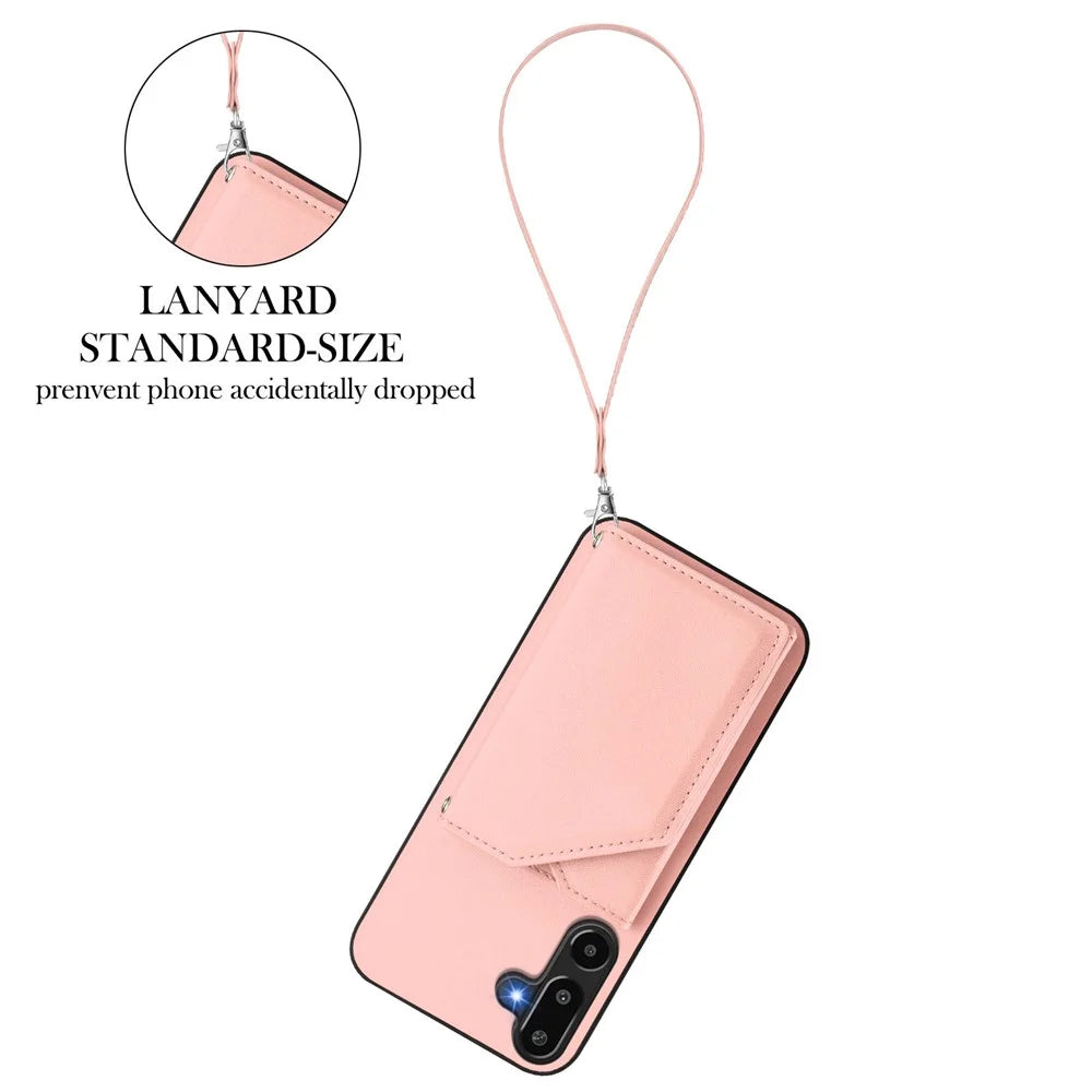 For Samsung Galaxy F16 5G / Galaxy M16 5G Case Card Holder Kickstand Skin-Touch Phone Cover with Wrist Strap - Pink - 3