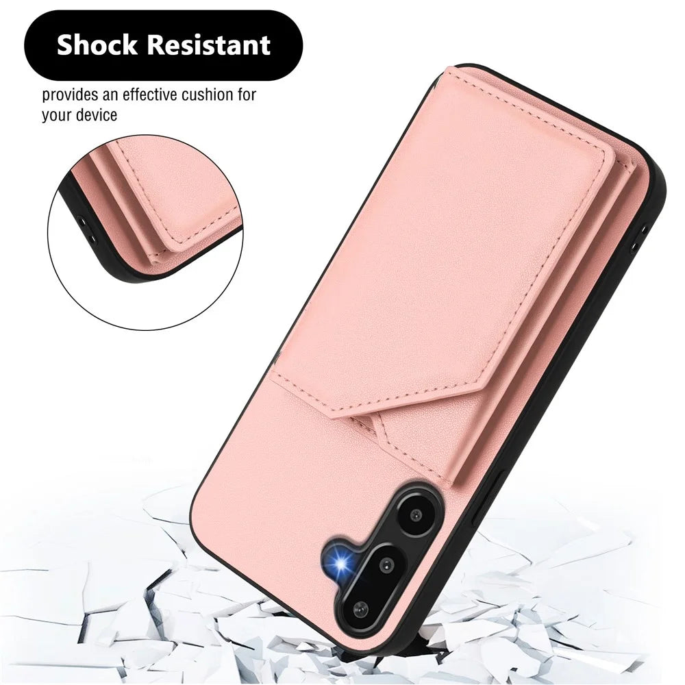 For Samsung Galaxy F16 5G / Galaxy M16 5G Case Card Holder Kickstand Skin-Touch Phone Cover with Wrist Strap - Pink - 5