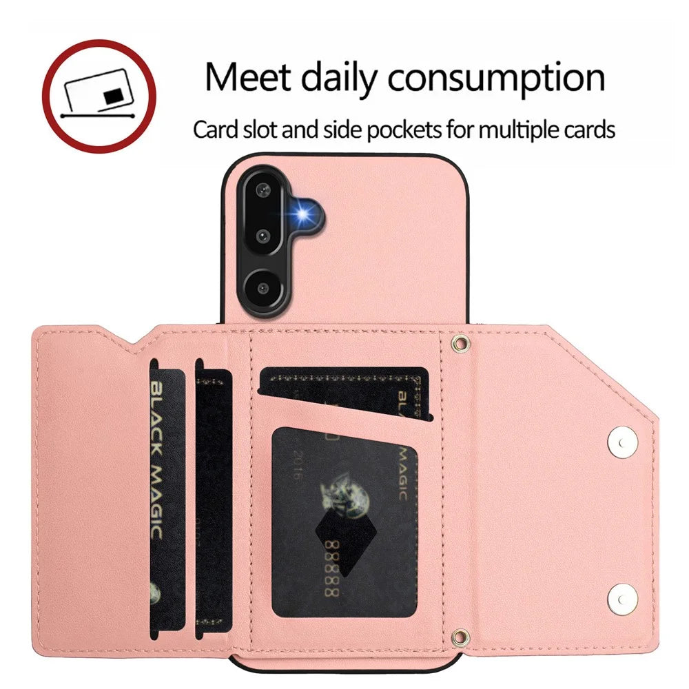 For Samsung Galaxy F16 5G / Galaxy M16 5G Case Card Holder Kickstand Skin-Touch Phone Cover with Wrist Strap - Pink - 7