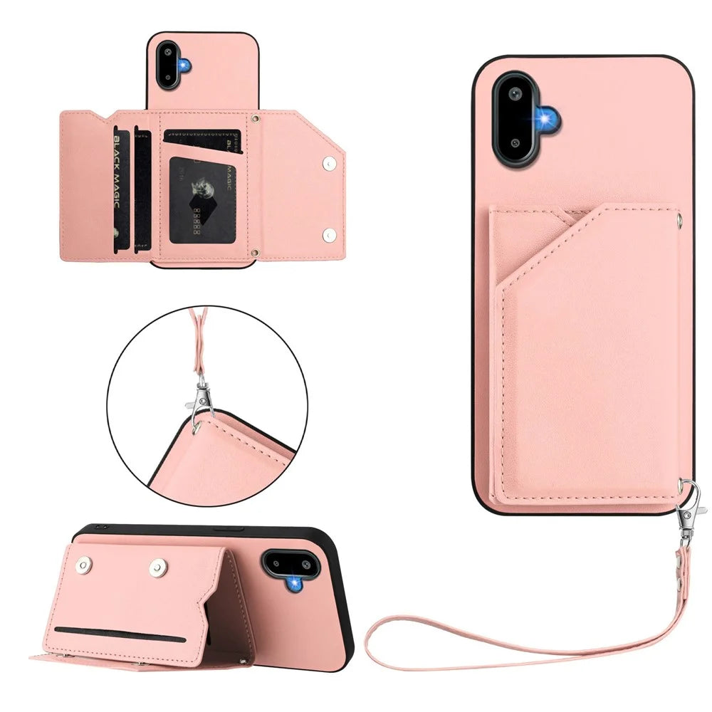 For Samsung Galaxy M06 5G / Galaxy F06 5G Case Card Holder Kickstand Skin-Touch Phone Cover with Wrist Strap - Pink - 1