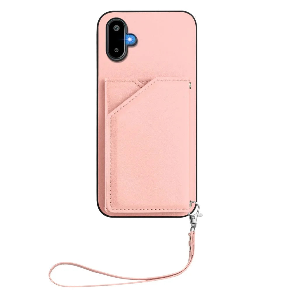 For Samsung Galaxy M06 5G / Galaxy F06 5G Case Card Holder Kickstand Skin-Touch Phone Cover with Wrist Strap - Pink - 2