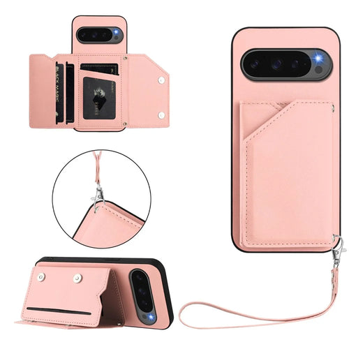 For Google Pixel 10 Pro XL Case Card Holder Kickstand Skin-Touch Phone Cover with Wrist Strap - Pink - 1