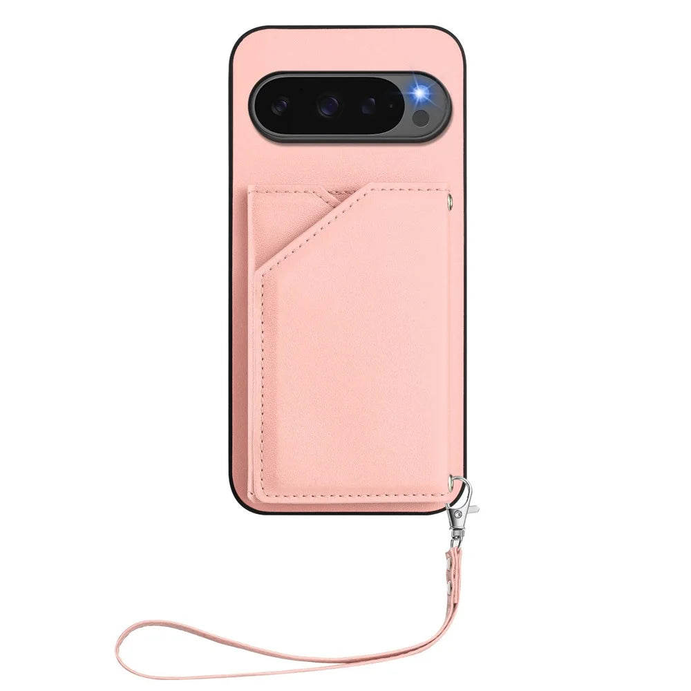 For Google Pixel 10 Pro XL Case Card Holder Kickstand Skin-Touch Phone Cover with Wrist Strap - Pink - 2