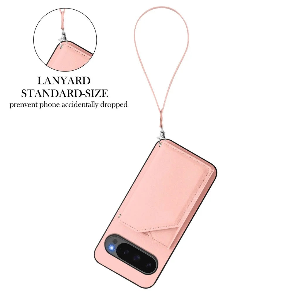 For Google Pixel 10 Pro XL Case Card Holder Kickstand Skin-Touch Phone Cover with Wrist Strap - Pink - 3