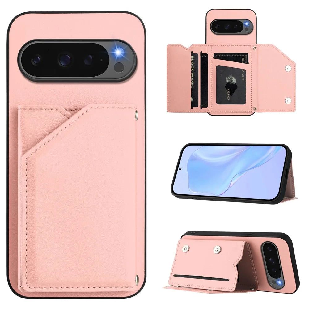 For Google Pixel 10 Pro XL Case Card Holder Kickstand Skin-Touch Phone Cover with Wrist Strap - Pink - 4