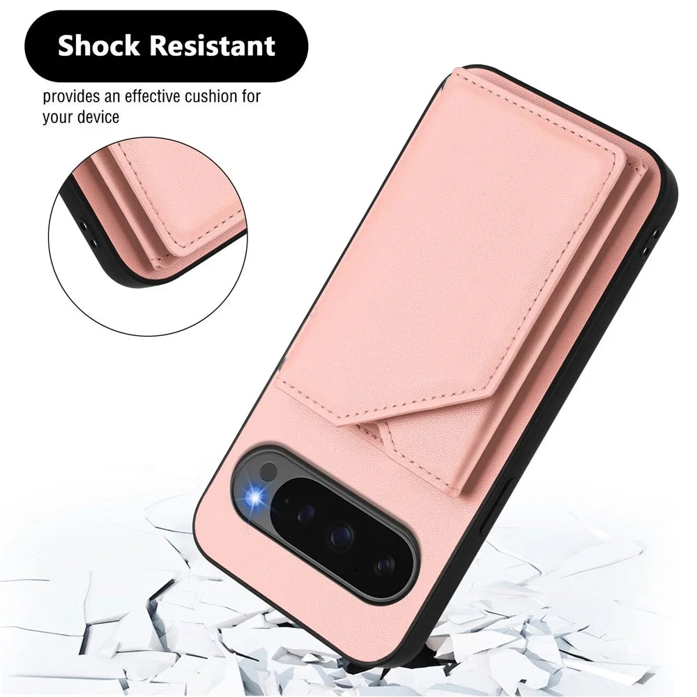 For Google Pixel 10 Pro XL Case Card Holder Kickstand Skin-Touch Phone Cover with Wrist Strap - Pink - 5