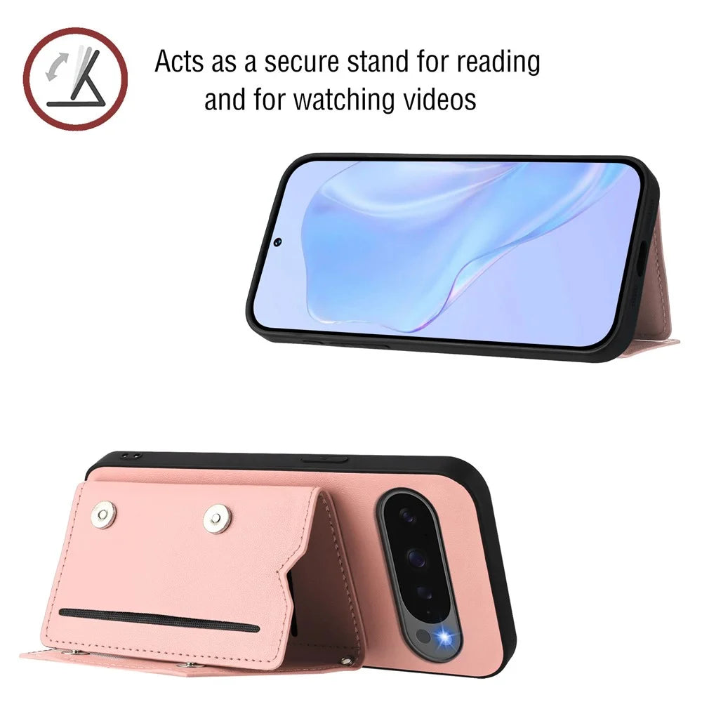 For Google Pixel 10 Pro XL Case Card Holder Kickstand Skin-Touch Phone Cover with Wrist Strap - Pink - 6