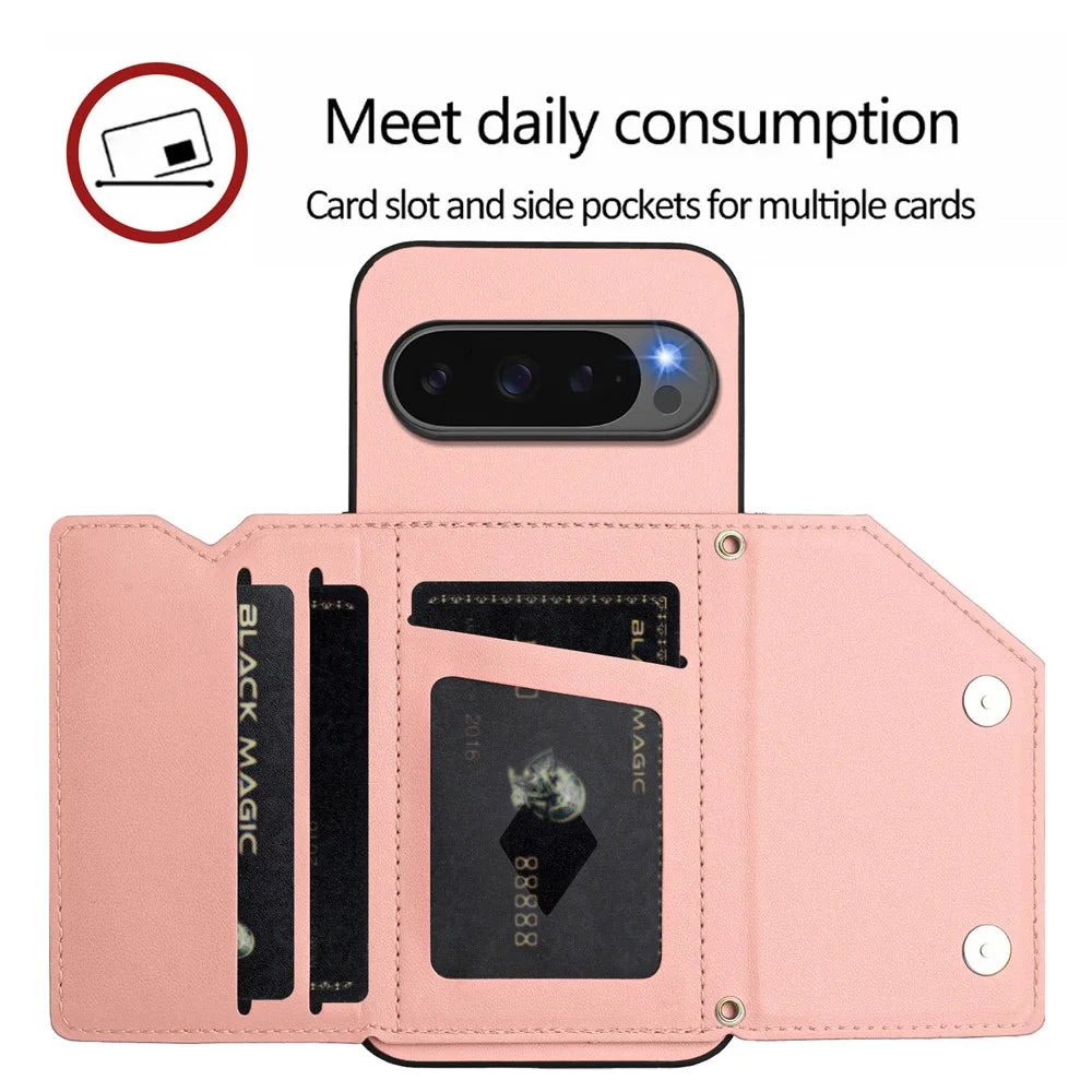 For Google Pixel 10 Pro XL Case Card Holder Kickstand Skin-Touch Phone Cover with Wrist Strap - Pink - 7