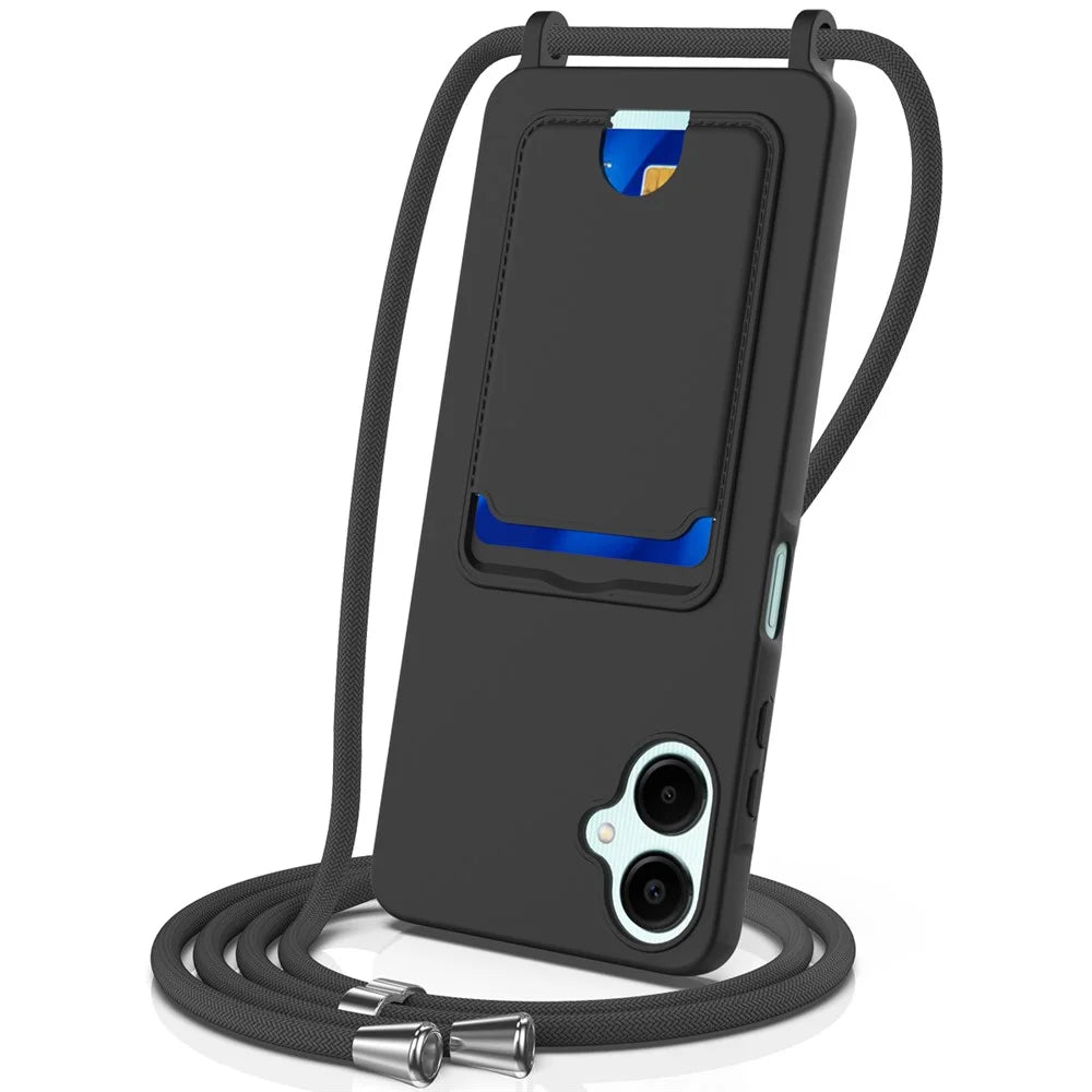 For Samsung Galaxy A06 5G Case Liquid Silicone Card Holder Back Phone Cover with Lanyard - Black - 1