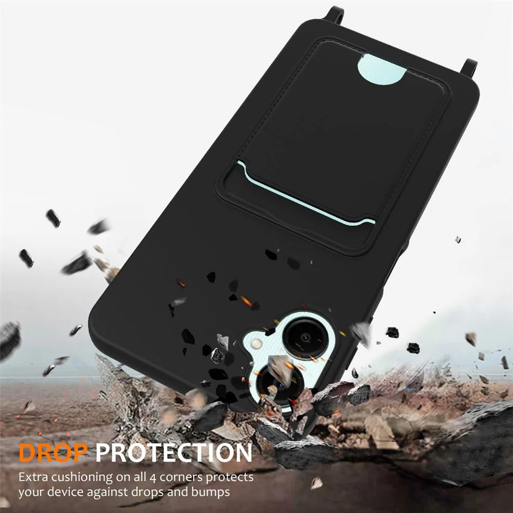 For Samsung Galaxy A06 5G Case Liquid Silicone Card Holder Back Phone Cover with Lanyard - Black - 3