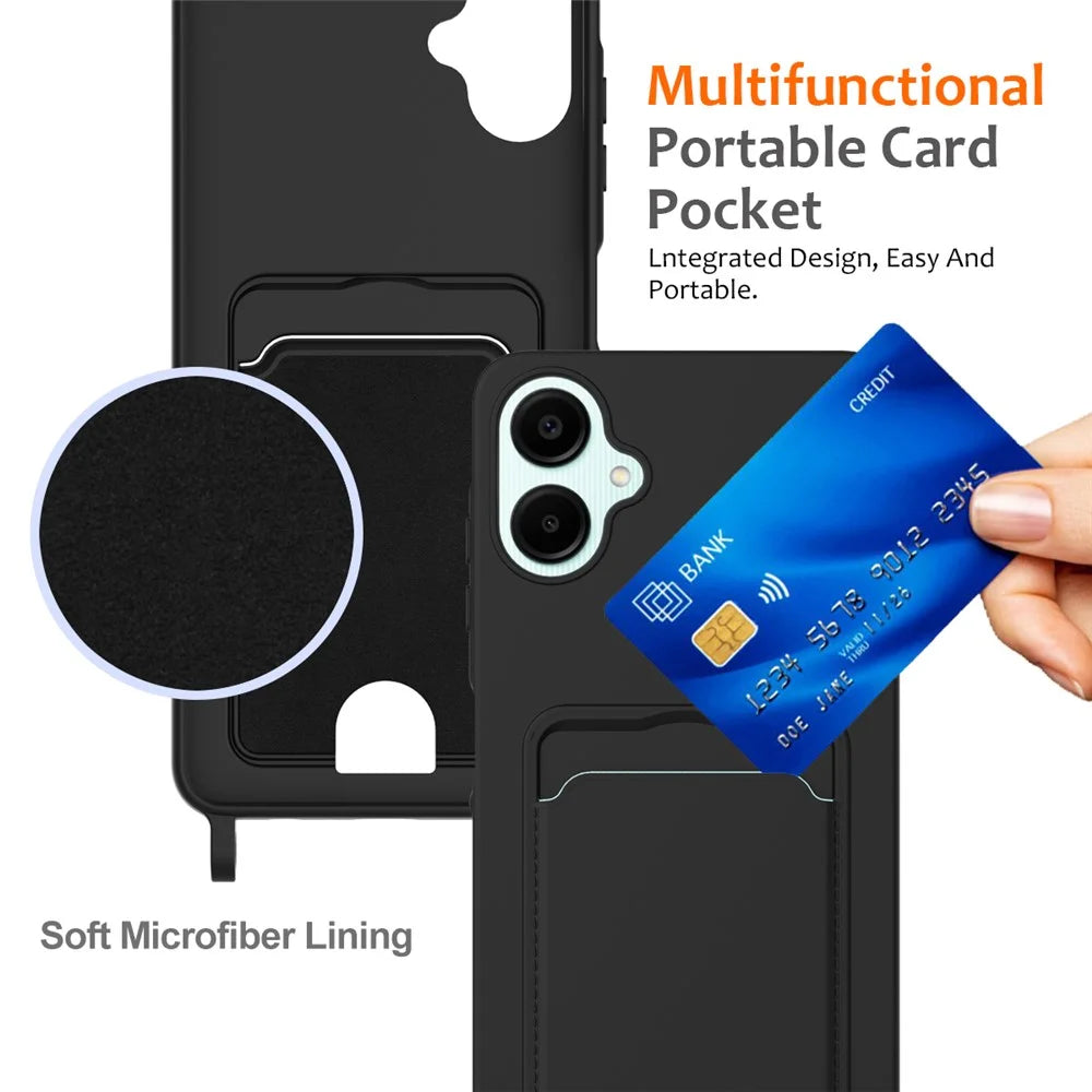 For Samsung Galaxy A06 5G Case Liquid Silicone Card Holder Back Phone Cover with Lanyard - Black - 5