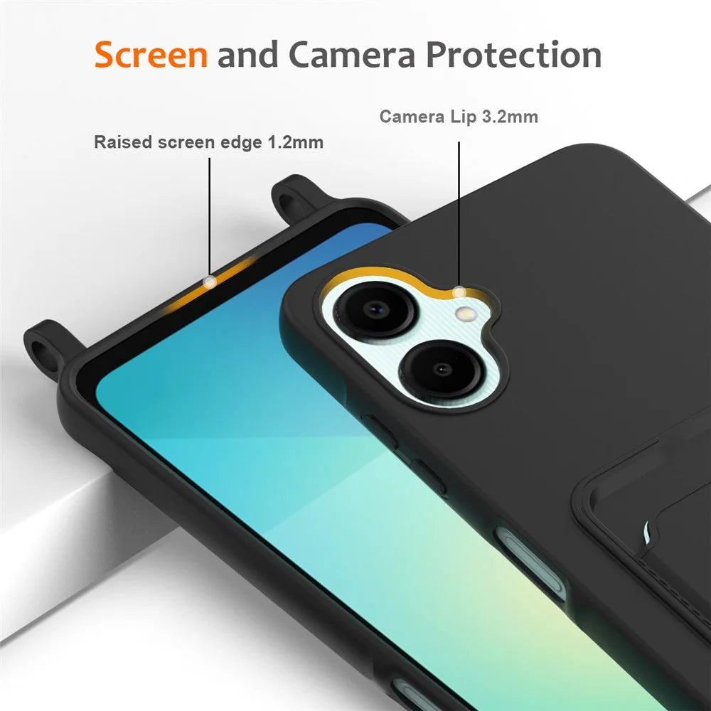 For Samsung Galaxy A06 5G Case Liquid Silicone Card Holder Back Phone Cover with Lanyard - Black - 6