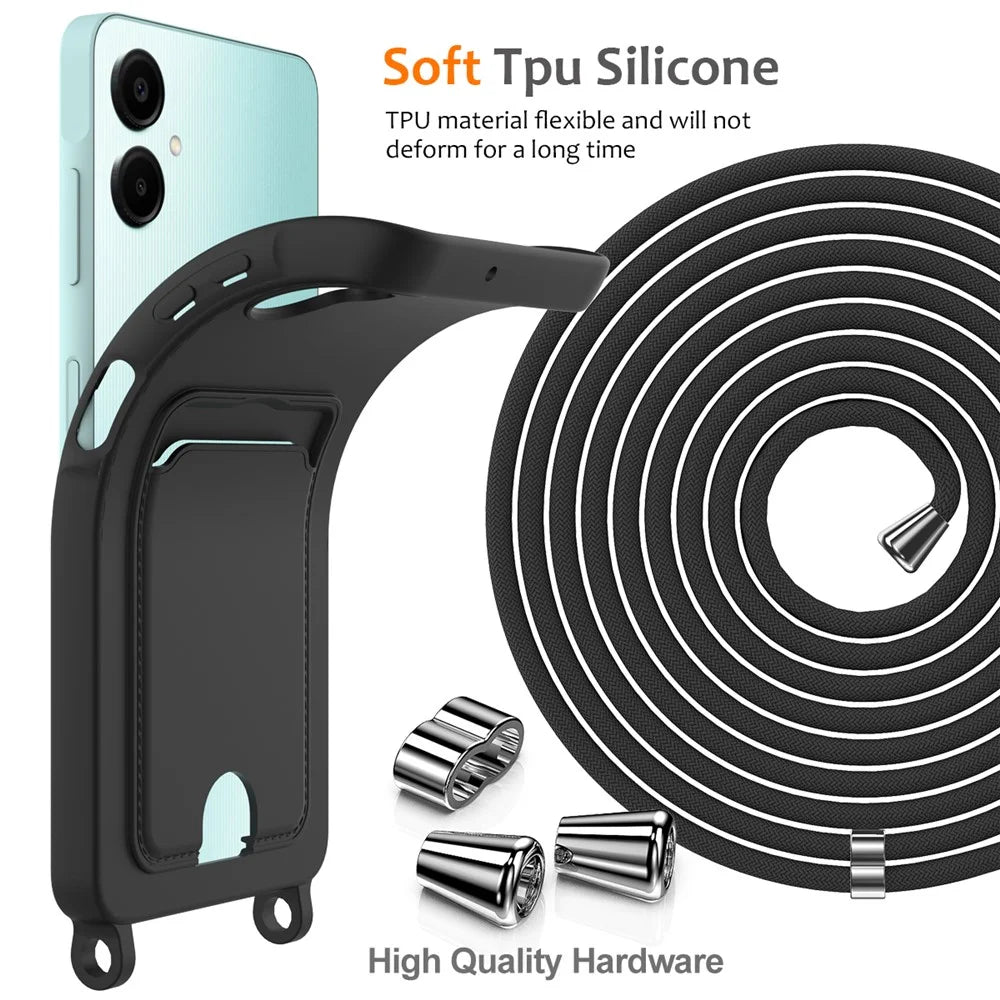 For Samsung Galaxy A06 5G Case Liquid Silicone Card Holder Back Phone Cover with Lanyard - Black - 7