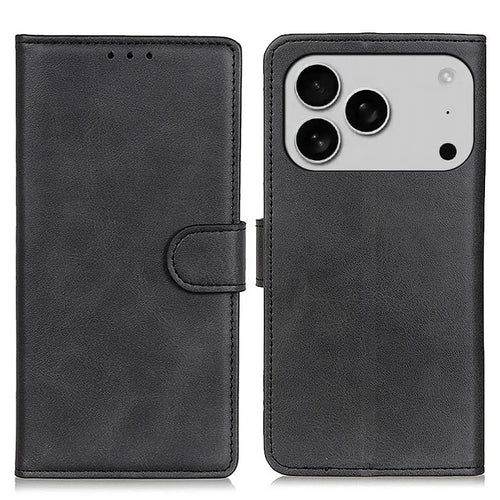 For iPhone 18 Pro Max / 17 Pro Max Case Cowhide Texture Leather Wallet Stand Phone Cover - Black - 1