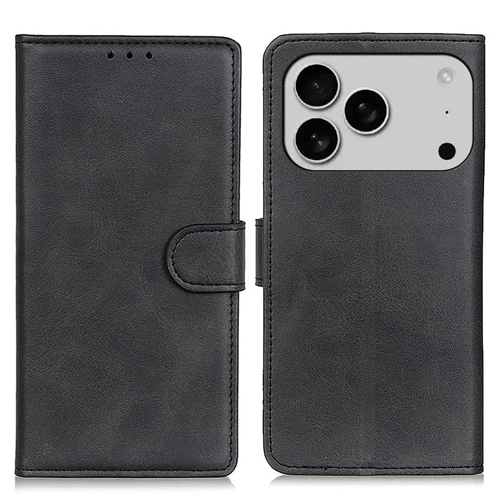 For iPhone 18 Pro Max / 17 Pro Max Case Cowhide Texture Leather Wallet Stand Phone Cover - Black - 1