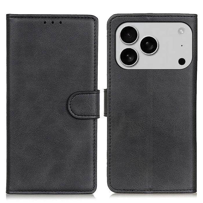 For iPhone 18 Pro Max / 17 Pro Max Case Cowhide Texture Leather Wallet Stand Phone Cover - Black - 1