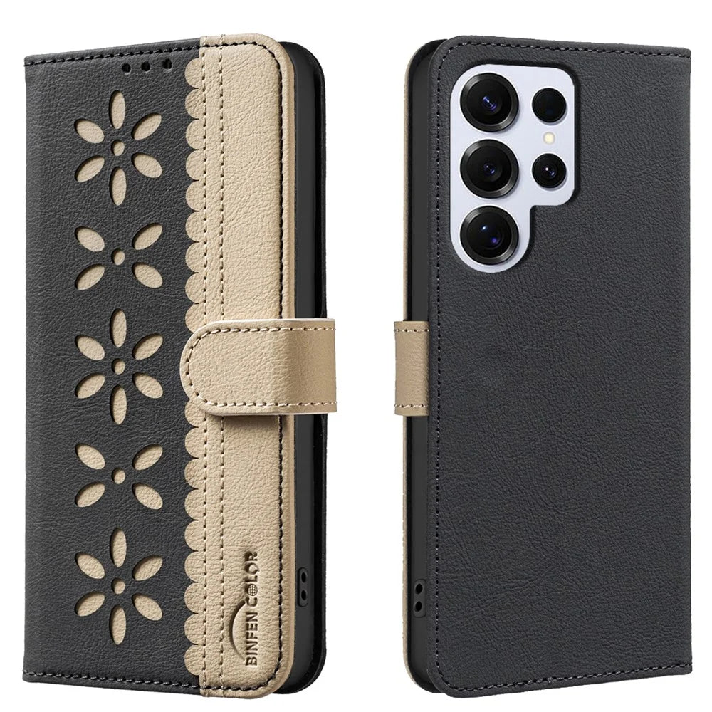 BINFEN COLOR For Samsung Galaxy S25 Ultra Leather Case  BF36 Floral Pattern Phone Cover RFID Blocking Wallet Stand - Black - 1