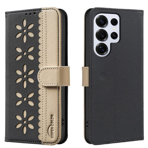 BINFEN COLOR For Samsung Galaxy S25 Ultra Leather Case  BF36 Floral Pattern Phone Cover RFID Blocking Wallet Stand - Black - 1