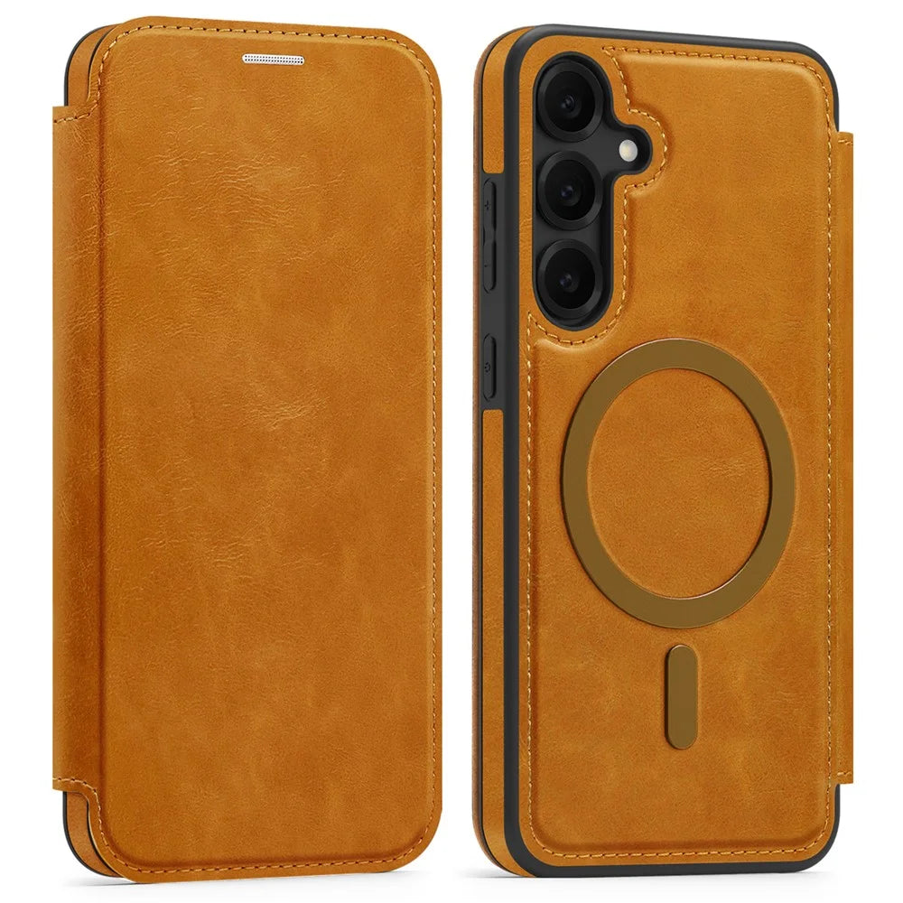 For Samsung Galaxy S25+ Magnetic Case RFID Blocking Card Holder Leather Phone Cover - Brown - 1