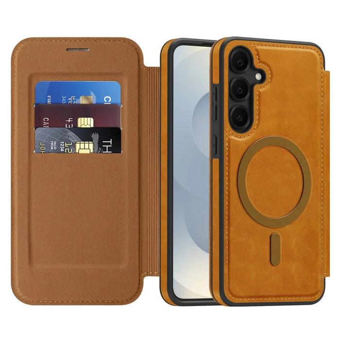 For Samsung Galaxy S25+ Magnetic Case RFID Blocking Card Holder Leather Phone Cover - Brown - 2