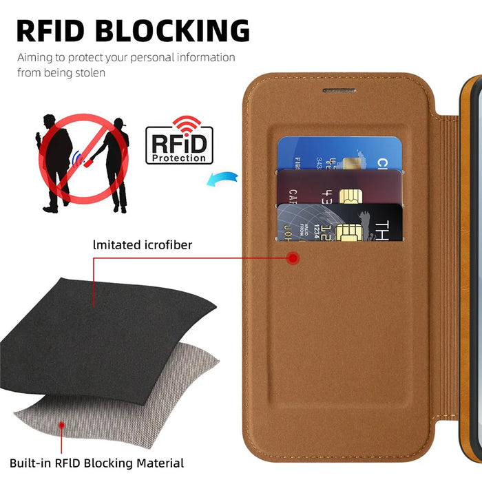For Samsung Galaxy S25+ Magnetic Case RFID Blocking Card Holder Leather Phone Cover - Brown - 4