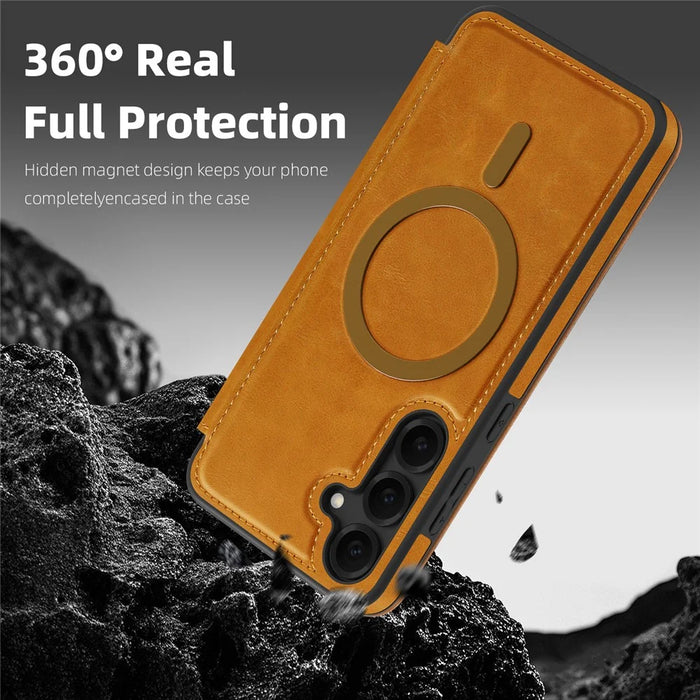 For Samsung Galaxy S25+ Magnetic Case RFID Blocking Card Holder Leather Phone Cover - Brown - 5