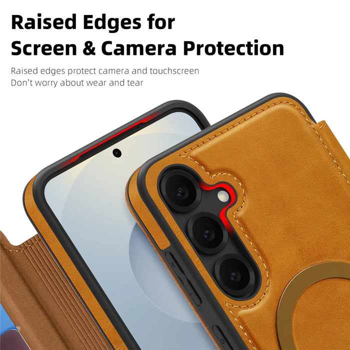 For Samsung Galaxy S25+ Magnetic Case RFID Blocking Card Holder Leather Phone Cover - Brown - 6