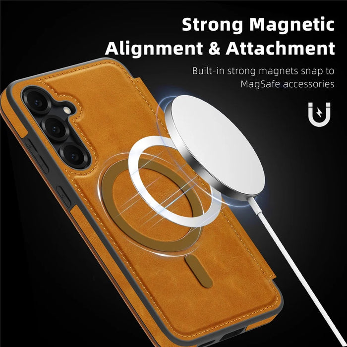 For Samsung Galaxy S25+ Magnetic Case RFID Blocking Card Holder Leather Phone Cover - Brown - 7