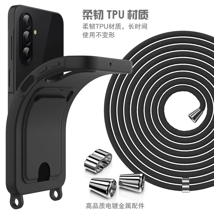 For Samsung Galaxy A26 5G Case Liquid Silicone Card Holder Back Phone Cover with Lanyard - Black - 7