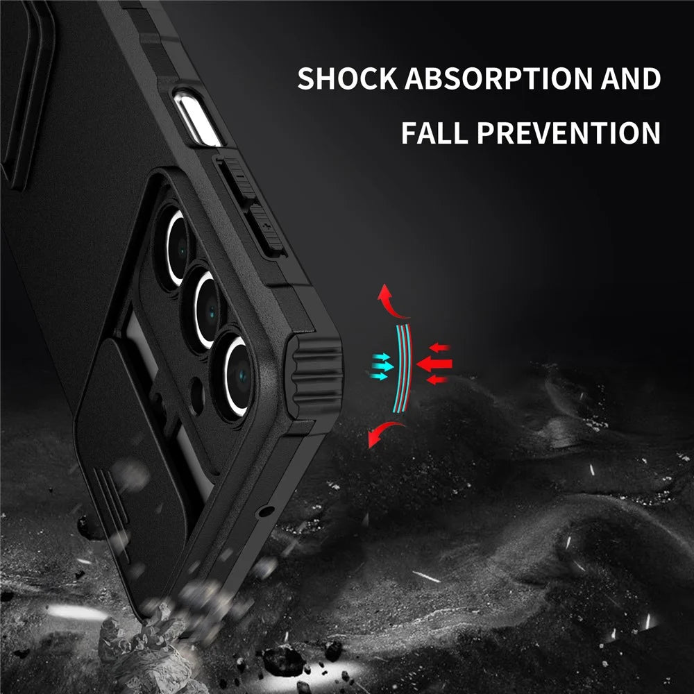 For Samsung Galaxy A18 5G / A18 4G / A17 5G / A17 4G / A26 5G Case Camera Slider PC + TPU Phone Cover with Kickstand - Black - 5