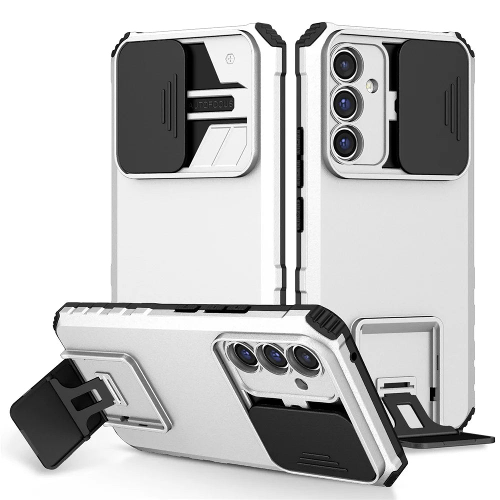 For Samsung Galaxy A36 5G Case Camera Slider PC + TPU Phone Cover with Kickstand - Silver - 1