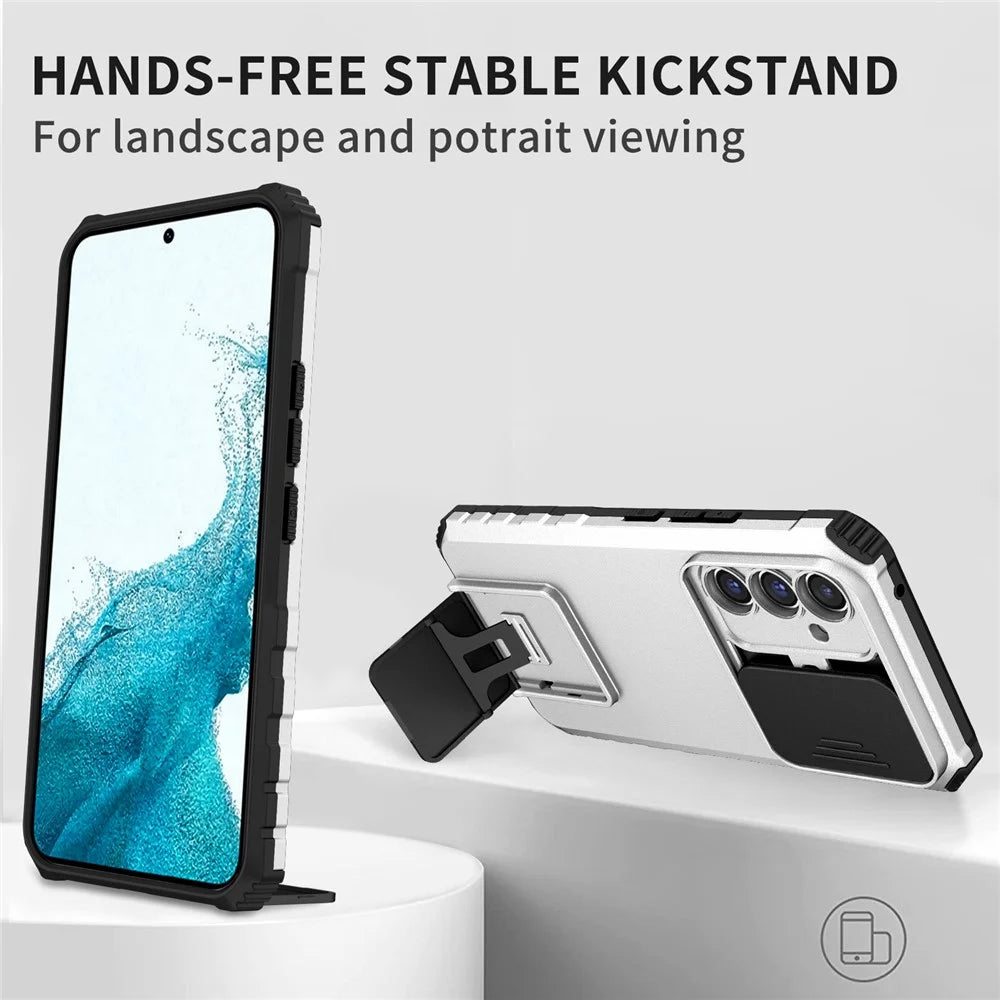 For Samsung Galaxy A36 5G Case Camera Slider PC + TPU Phone Cover with Kickstand - Silver - 3