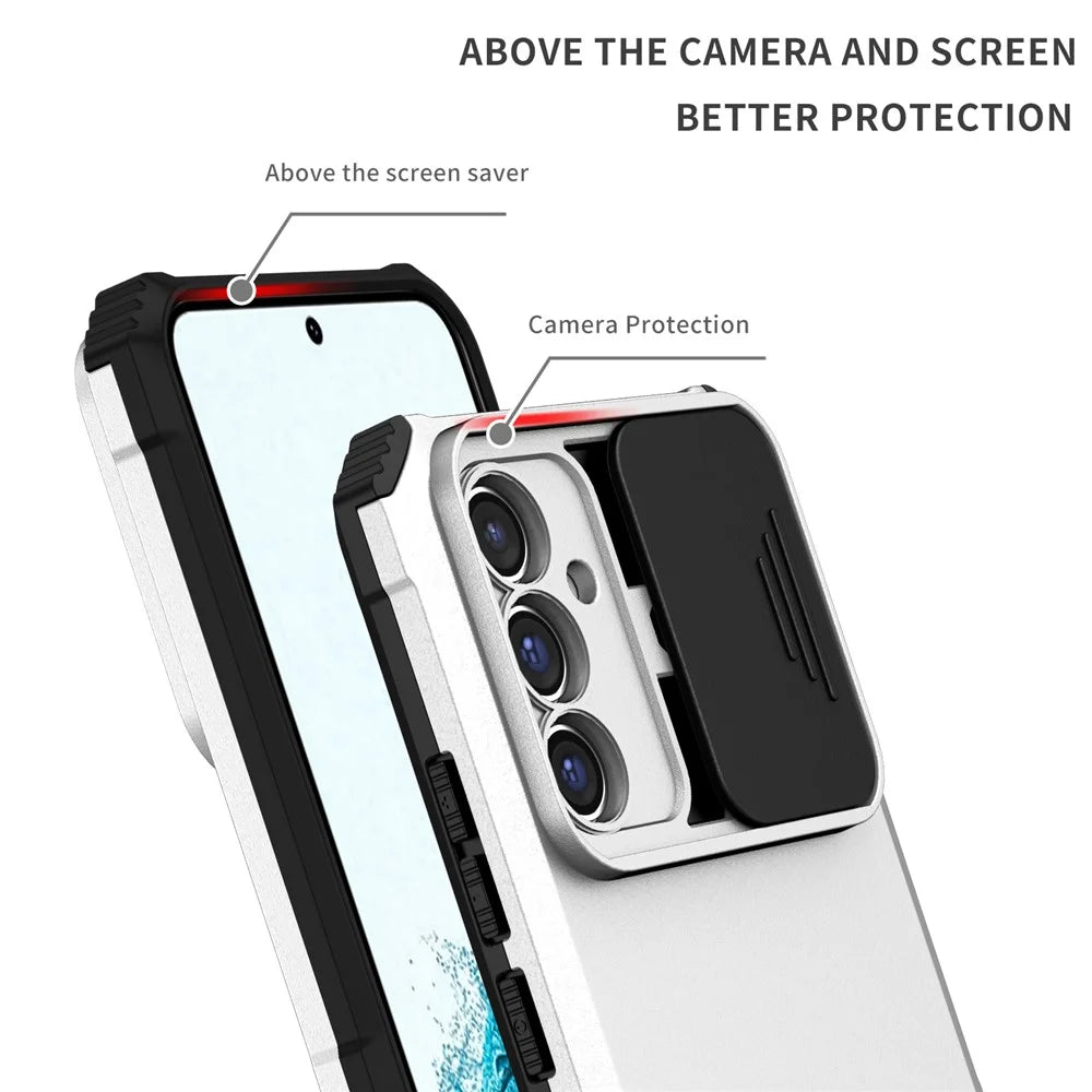 For Samsung Galaxy A36 5G Case Camera Slider PC + TPU Phone Cover with Kickstand - Silver - 5