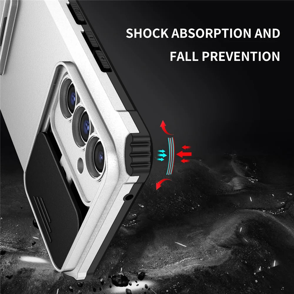 For Samsung Galaxy A36 5G Case Camera Slider PC + TPU Phone Cover with Kickstand - Silver - 6