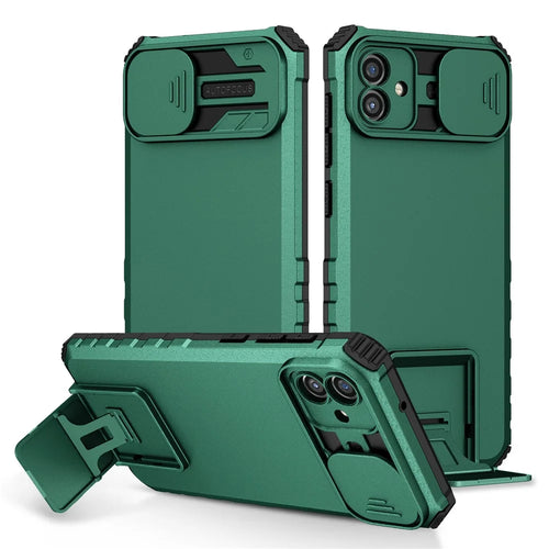 For Samsung Galaxy A06 4G / 5G Case Camera Slider PC + TPU Phone Cover with Kickstand - Blackish Green - 1