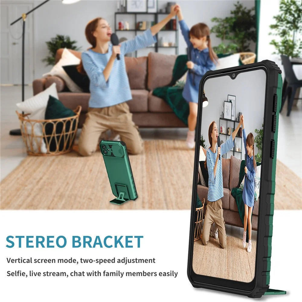 For Samsung Galaxy A06 4G / 5G Case Camera Slider PC + TPU Phone Cover with Kickstand - Blackish Green - 7