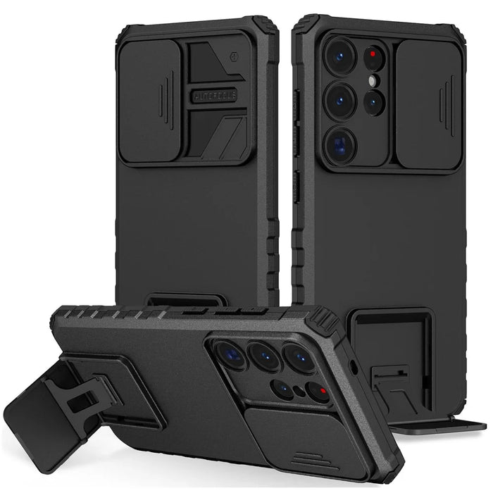For Samsung Galaxy S25 Ultra Case Camera Slider PC + TPU Phone Cover with Kickstand - Black - 1