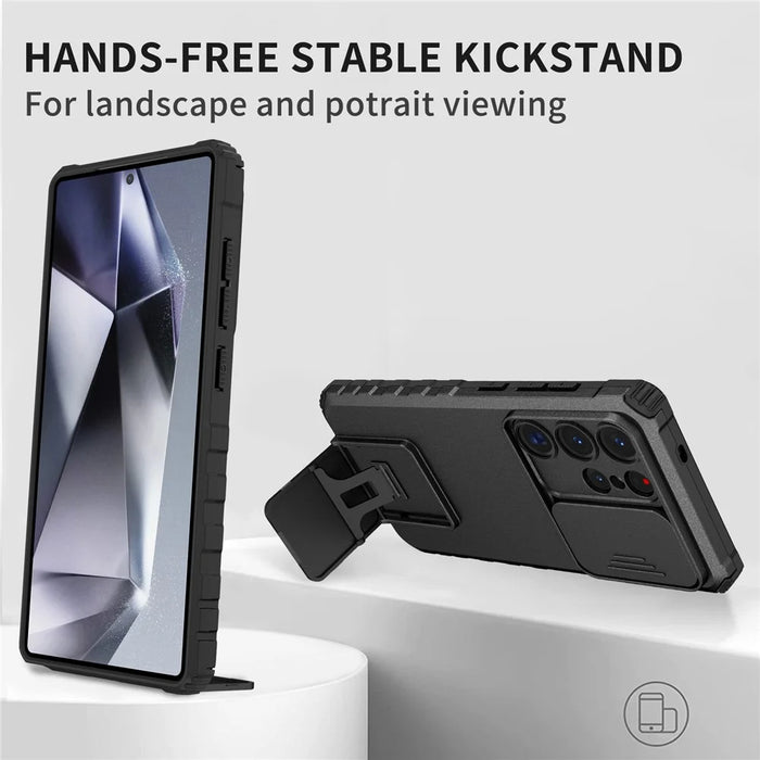 For Samsung Galaxy S25 Ultra Case Camera Slider PC + TPU Phone Cover with Kickstand - Black - 2