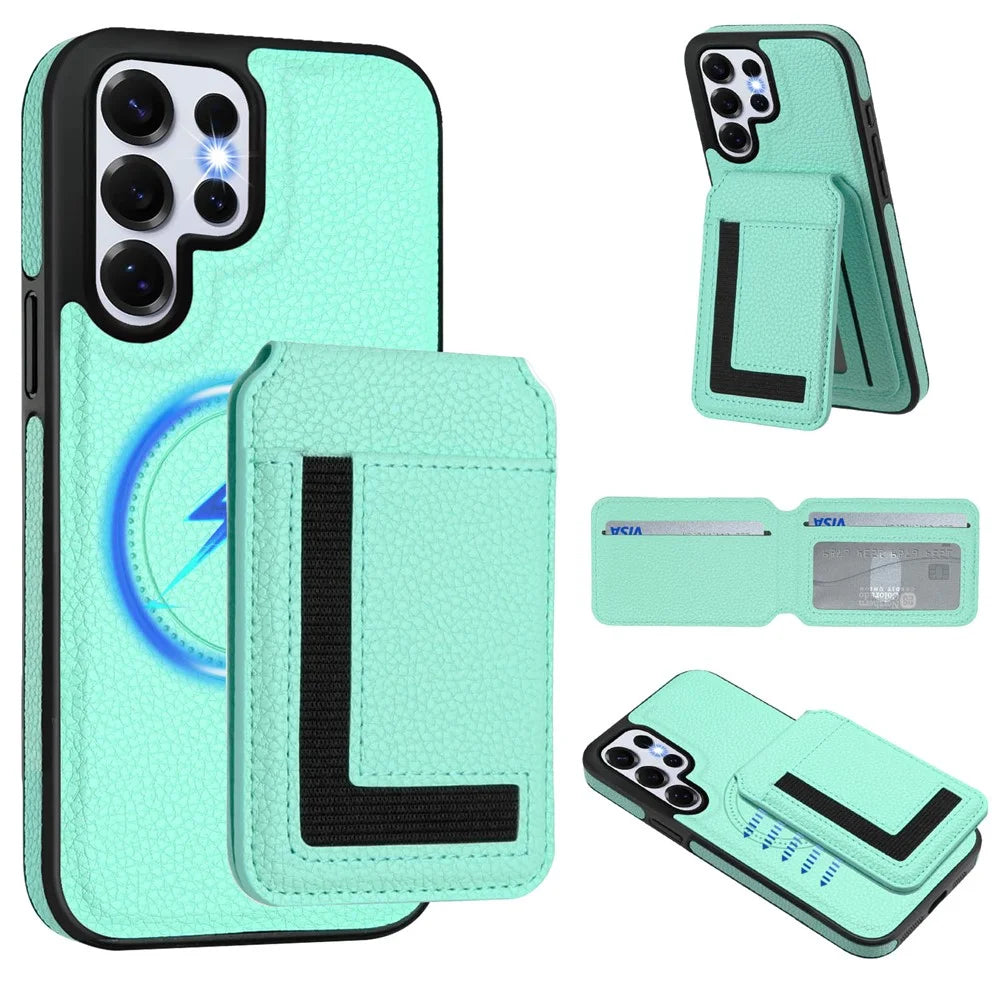 For Samsung Galaxy S25 Ultra Magnetic Case TPU + PU Leather Phone Back Cover with Detachable Card Holder - Mint Green - 2