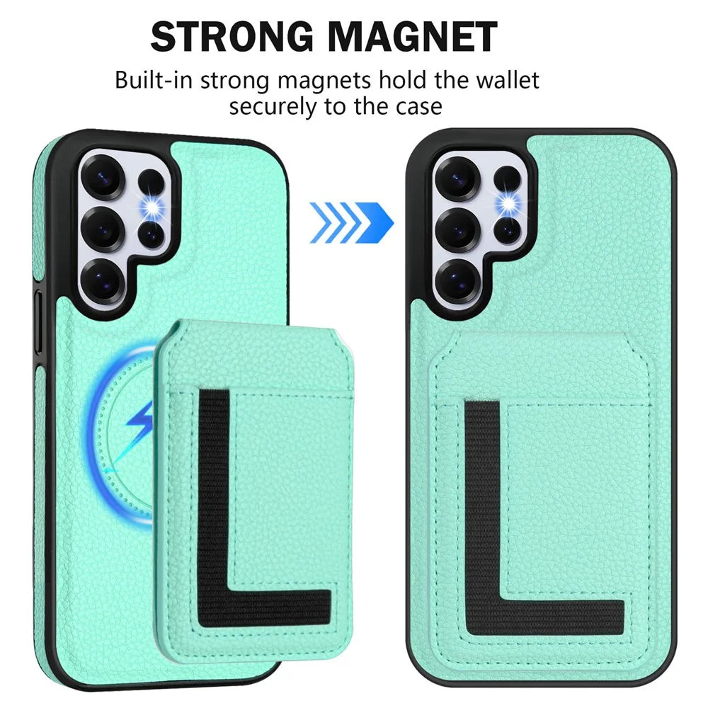 For Samsung Galaxy S25 Ultra Magnetic Case TPU + PU Leather Phone Back Cover with Detachable Card Holder - Mint Green - 3