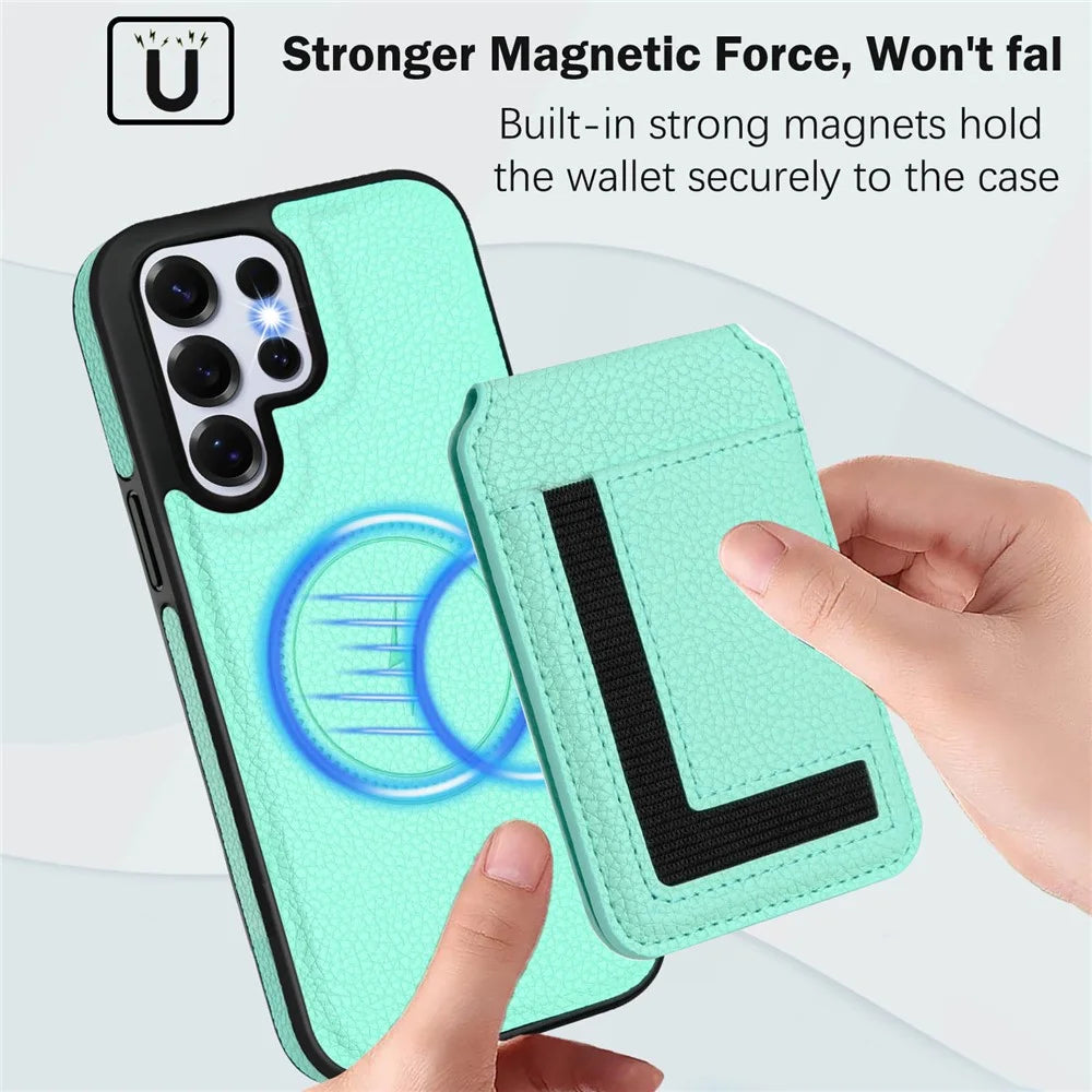 For Samsung Galaxy S25 Ultra Magnetic Case TPU + PU Leather Phone Back Cover with Detachable Card Holder - Mint Green - 5