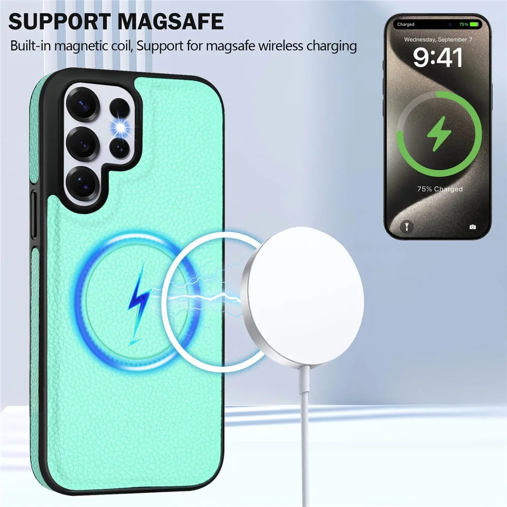 For Samsung Galaxy S25 Ultra Magnetic Case TPU + PU Leather Phone Back Cover with Detachable Card Holder - Mint Green - 6