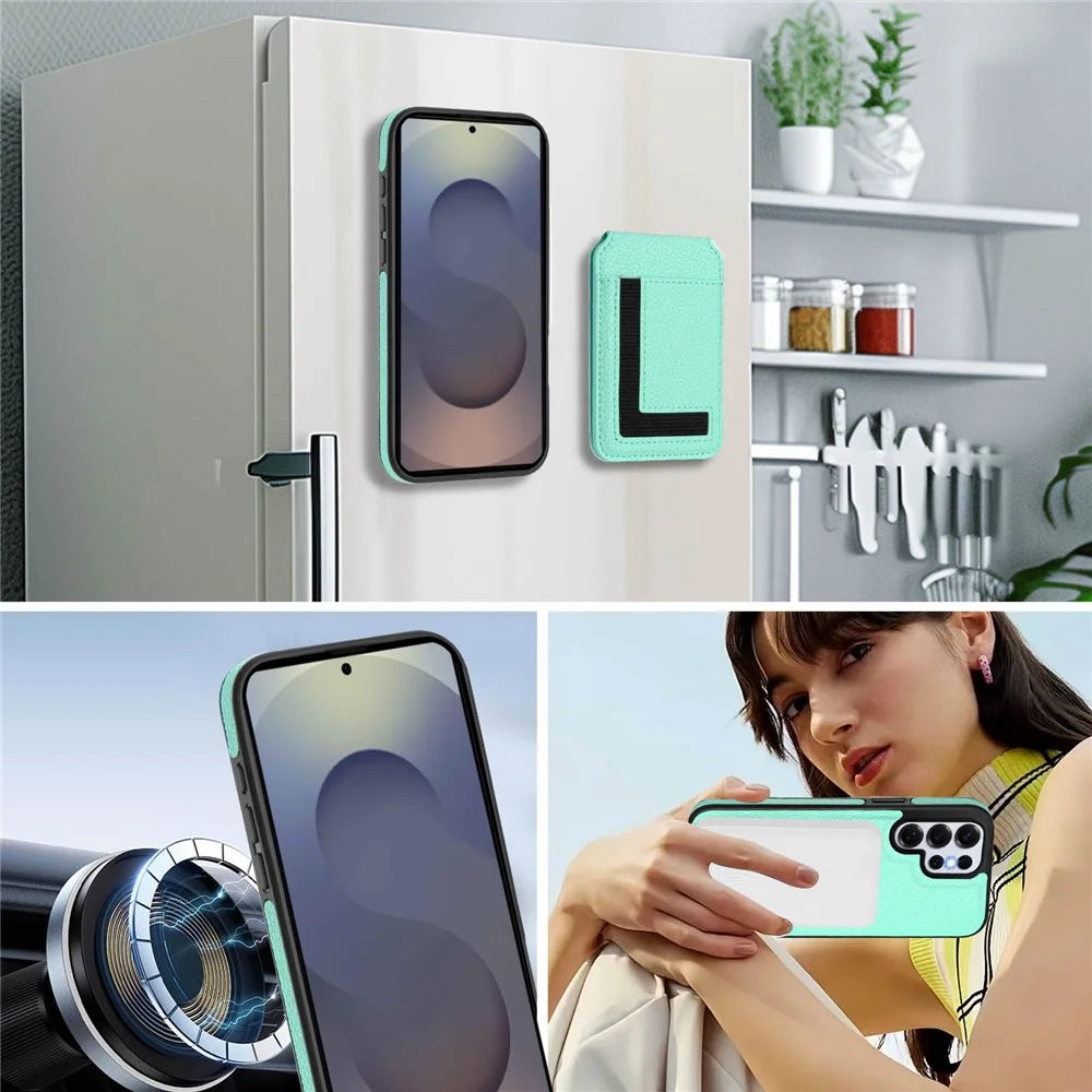 For Samsung Galaxy S25 Ultra Magnetic Case TPU + PU Leather Phone Back Cover with Detachable Card Holder - Mint Green - 7