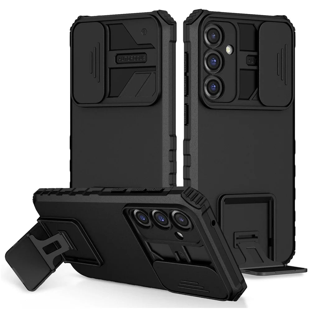For Samsung Galaxy S24 FE Case Camera Slider PC + TPU Phone Cover with Kickstand - Black - 1