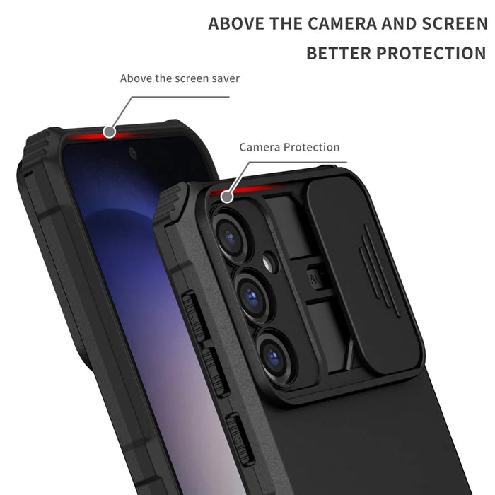 For Samsung Galaxy S24 FE Case Camera Slider PC + TPU Phone Cover with Kickstand - Black - 3