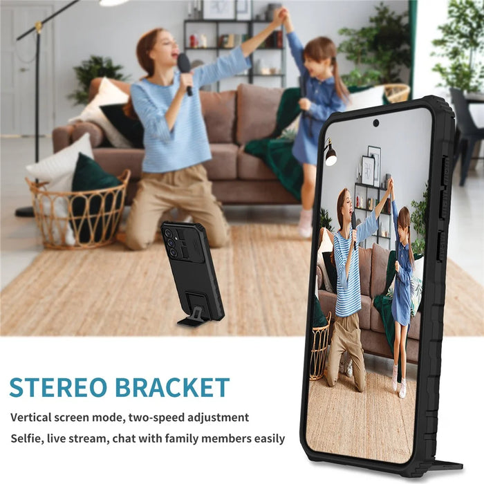 For Samsung Galaxy S24 FE Case Camera Slider PC + TPU Phone Cover with Kickstand - Black - 6