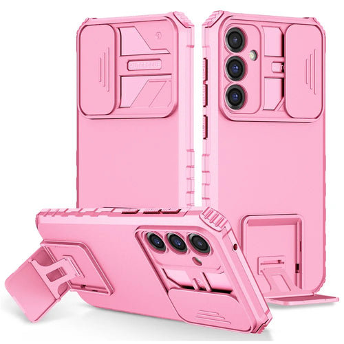 For Samsung Galaxy S23 FE Case Camera Slider PC + TPU Phone Cover with Kickstand - Pink - 1