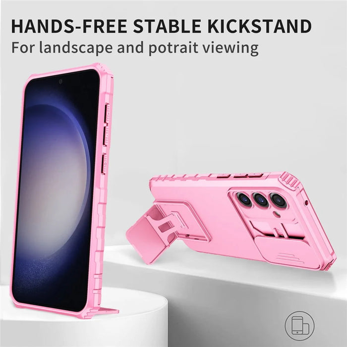 For Samsung Galaxy S23 FE Case Camera Slider PC + TPU Phone Cover with Kickstand - Pink - 2