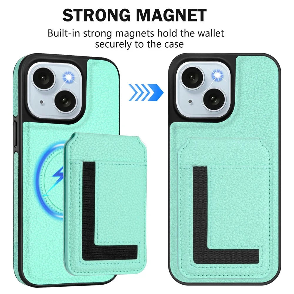 For iPhone 15 Magnetic Case TPU + PU Leather Phone Back Cover with Detachable Card Holder - Mint Green - 3